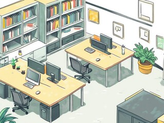 Contemporary illustration of a shared office workspace design