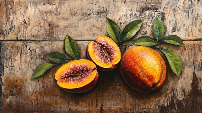 Oil painting of plango fruit accompanied by leaves on a wooden background