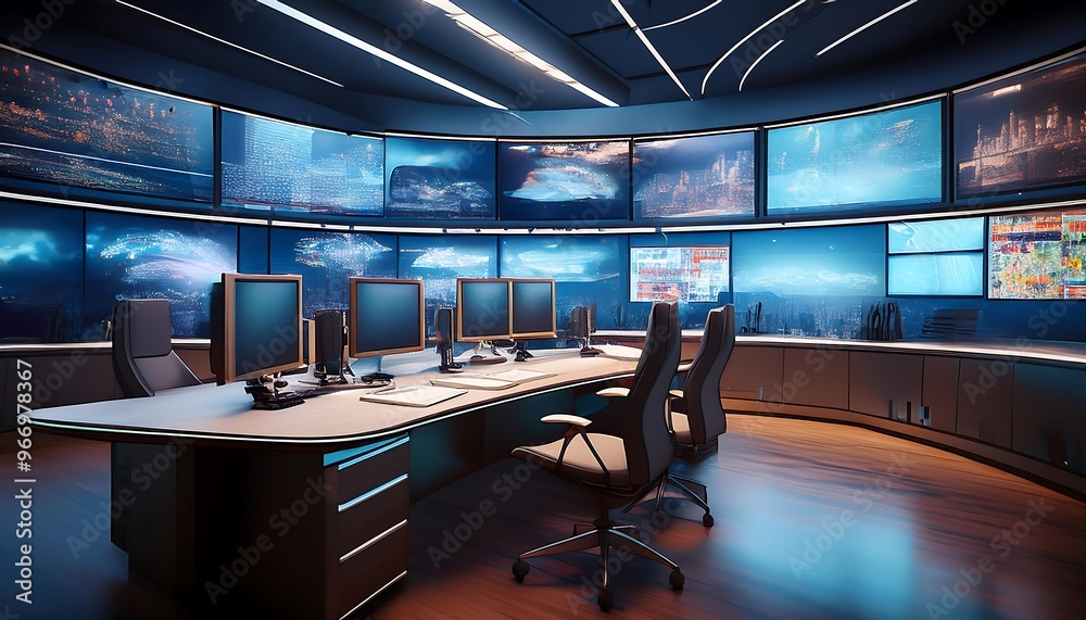 Poster Modern Control Room with Multiple Screens Displaying Cityscapes and Data
