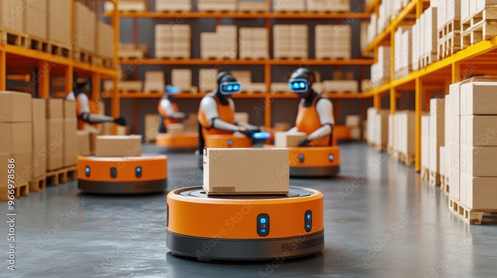 Poster automated warehouse robots delivering packages.