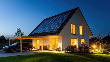 Naklejka premium Modern House with Solar Panels and Carport at Night