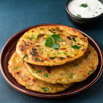 Indian traditional breakfast food aloo paratha is a potato stuffed flatbread served with curd