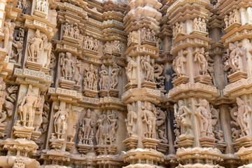 sculptures on the wall of chitragupta temple  in khajuraho, madhya pradesh, India.Unesco world heritage site.