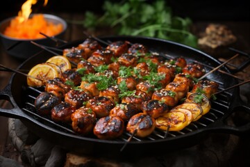 grilled meat and vegetables and herbs cooked on fire as a barbecue, roast in a frying pan, delicious food