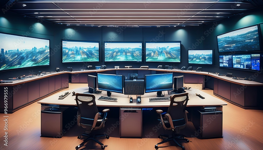 Poster Modern Control Room with Multiple Monitors Displaying Cityscape