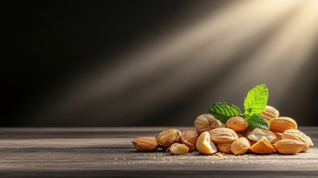 Handful of mixed nuts illuminated by light, dramatic chiaroscuro.