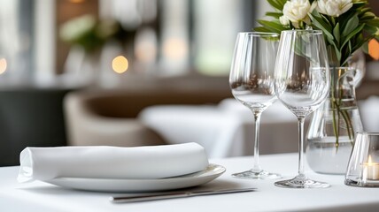 Sophisticated dinnerware with fine porcelain plates and crystal stemware, set in an upscale restaurant.