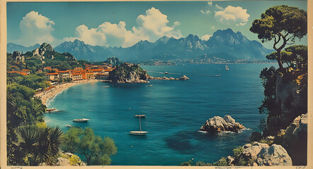 “Vintage Postcard of the Italian Coastline with Mountains and Clear Blue Water, Capturing the Charm and Beauty of a Classic Travel Destination, Perfect for Themes of Travel, Nostalgia, and Scenic Land