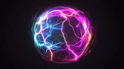 Obraz premium Spherical neon purple, yellow and blue cosmic energy or plasma ball with bright electric lightning streams and glowing effects on black background, VFX