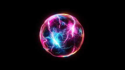 Spherical neon purple, yellow and blue cosmic energy or plasma ball with bright electric lightning streams and glowing effects on black background, VFX