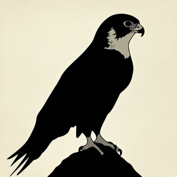 recommend clip art: A black silhouette of a falcon standing on a rock, against a light beige background.