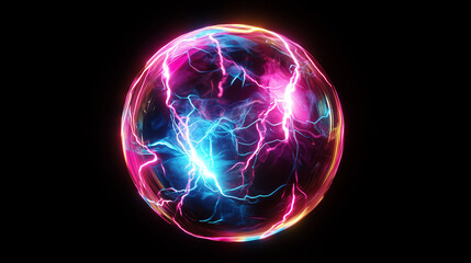 Spherical neon purple, yellow and blue cosmic energy or plasma ball with bright electric lightning streams and glowing effects on black background, VFX