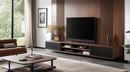 Modern Living Room Interior Design with Wooden Wall Paneling and Entertainment Center