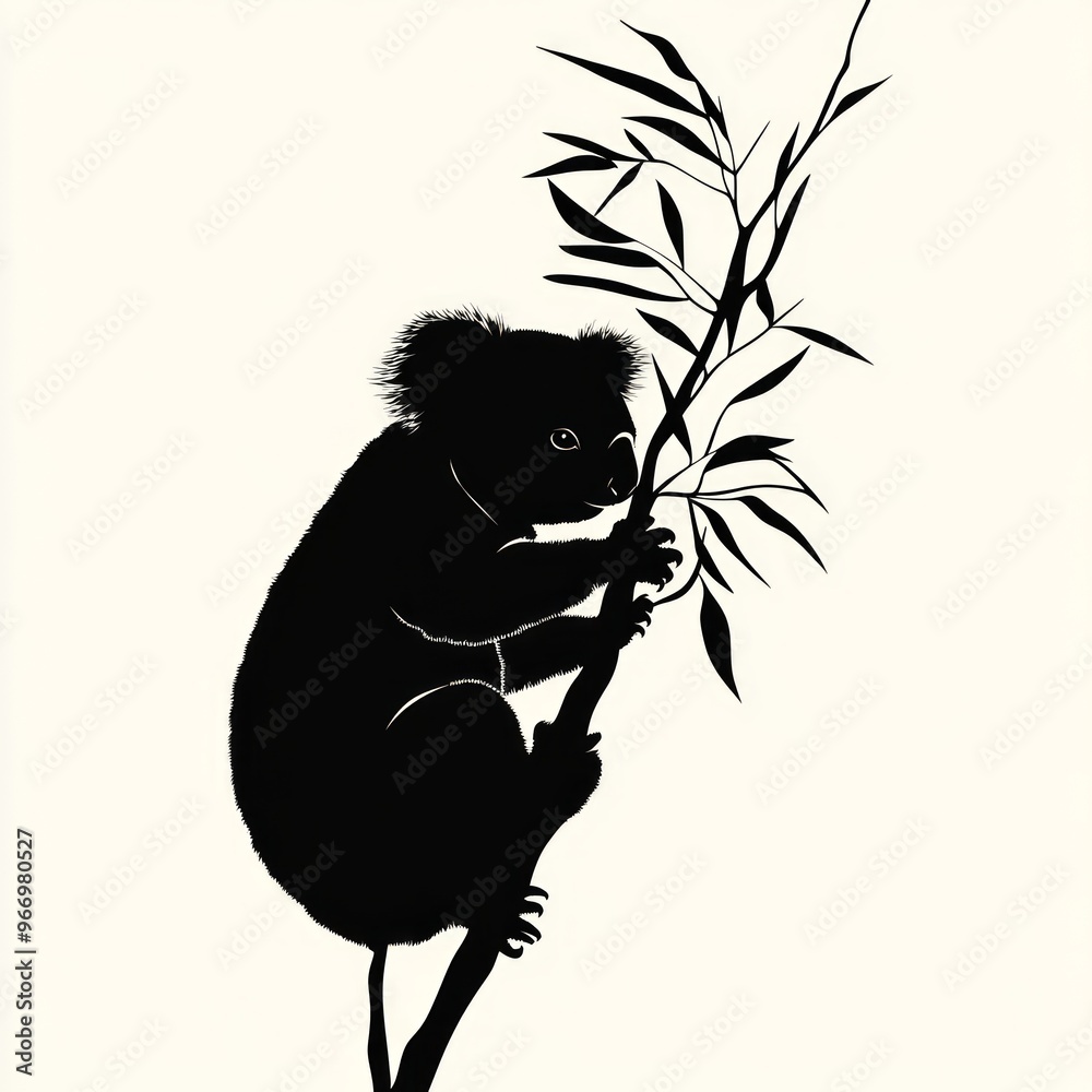 Canvas Prints A black silhouette of a koala bear sitting on a eucalyptus tree branch.