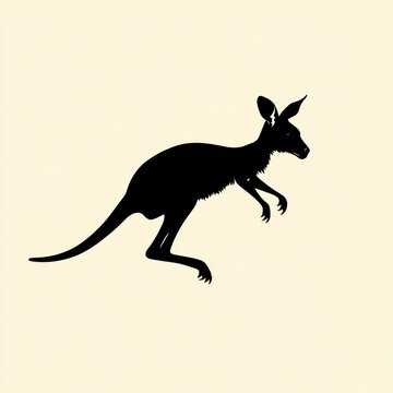 recommend clip art: A black silhouette of a kangaroo standing on its hind legs against a light cream background.