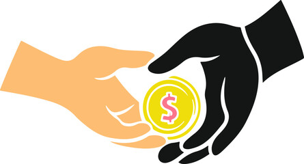 Illustration of a hand giving a gold coin to another hand, symbolizing a transaction.