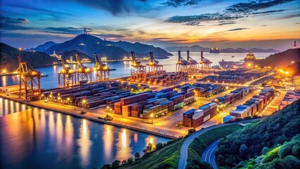 Symmetrical night view of Yangshan Port at Shengsi, China hills