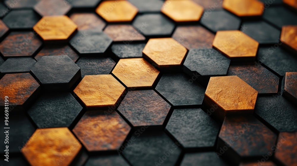Poster Abstract Honeycomb Pattern with Black and Orange Hexagons.