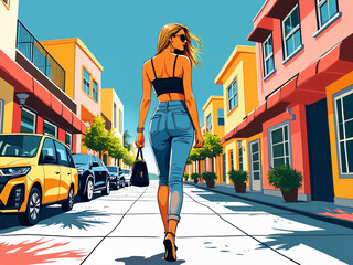 Poster-art style illustration of a fashionable woman walking by the sidewalk of a city at daylight.