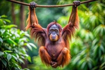 Symmetrical Orangutan hanging from a tree at the zoo