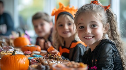 Fototapeta premium Excited kids in their Halloween costumes savor spooky treats, joy lighting up their faces.
