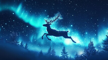 Silhouette of a deer leaping against a vibrant aurora borealis in a snowy forest.