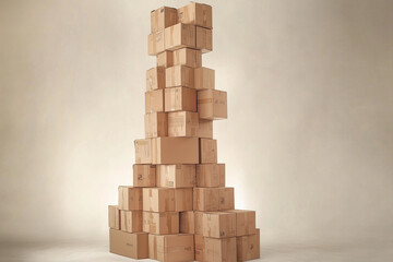 A tall tower of cardboard boxes is stacked in a studio setting