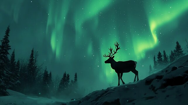 Reindeer leaping through aurora borealis, magical northern Christmas