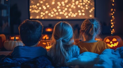 Kids huddle together, watching a scary movie on Halloween night, pumpkins glowing beside them.