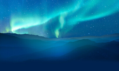 Beautiful landscape with blue misty silhouettes of mountains - Northern lights or Aurora borealis over the mountains  © muratart
