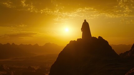 Silhouette of a Man on a Mountaintop at Sunset
