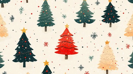 risograph printing illustrator a seamless pattern with cute Christmas trees for festive packaging design