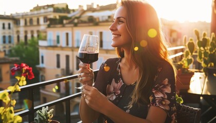 Savoring the Moment: A Stunning Woman Enjoying Wine on a Roman Terrace