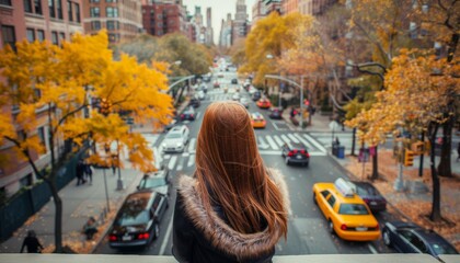 Fototapeta premium A New York Fall: A Beautiful Woman's Perspective from Above