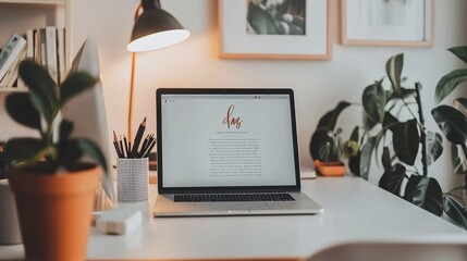 A chic office space with a contemporary desk, cutting-edge laptop, and motivational wall art designed to boost productivity.