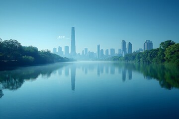 Obraz premium Tranquil urban skyline reflection on serene morning lake