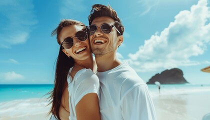 Obraz premium Sun-kissed Bliss: A Joyful Day at the Seaside for a Beautiful Young Couple
