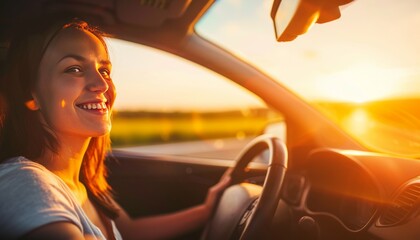 Glowing in the Golden Hour: A Joyful Young Woman Cruising in Her New Car