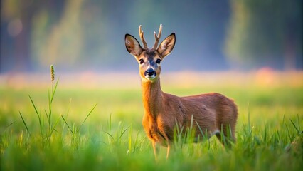 Symmetrical Roe deer grazing in grassland
