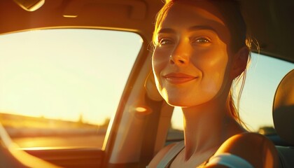 Glowing at Sunset: A Young Woman's Journey in Her New Car