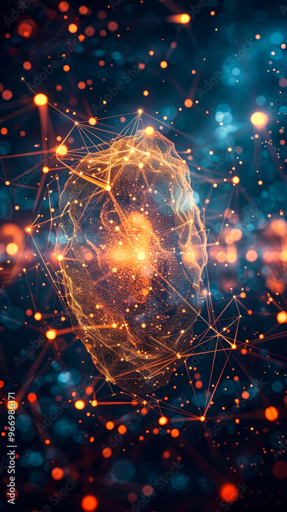 Poster interconnected digital network with illuminated nodes and glowing web connections, futuristic concep