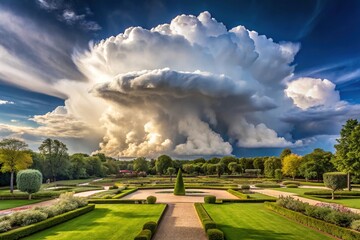 Symmetrical stormcloud forming above a public garden