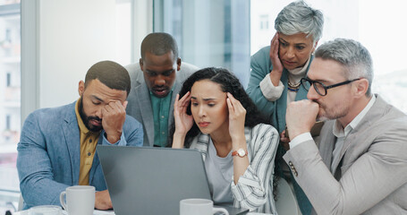 Office, teamwork and business people with stress for laptop, bad connection and glitch on company...