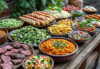 Fototapeta premium Gourmet Hot Dogs Loaded with Flavorful Toppings and Juicy Sausages