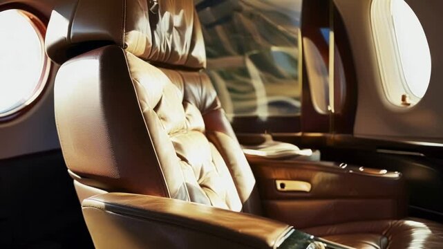 Sunlight streaming through the windows illuminates the luxurious leather seats of a private jet, creating an inviting atmosphere of comfort and exclusivity