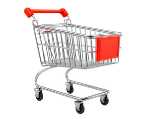 Shopping Cart Ready to Roll: A shiny, new shopping cart with a red handle sits ready for a day of shopping. The cart is isolated on a white background, making it perfect for product mockups or e-comme