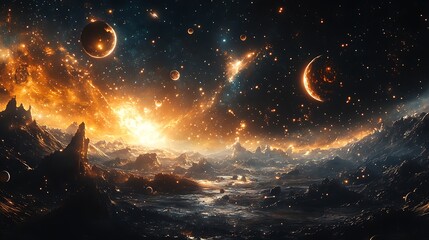 A panoramic view of a cosmic landscape featuring distant planets, asteroids, and glowing galaxies, with radiant light beams cutting through the darkness, creating a sense of awe and wonder 