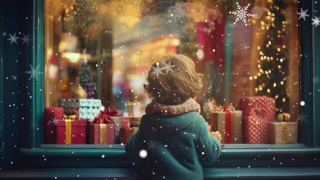 Un ni&ntilde;o en la calle con las manos apoyadas sobre el cristal del escaparate de una tienda tradicional de navidad con copos de nieve. Sin audio