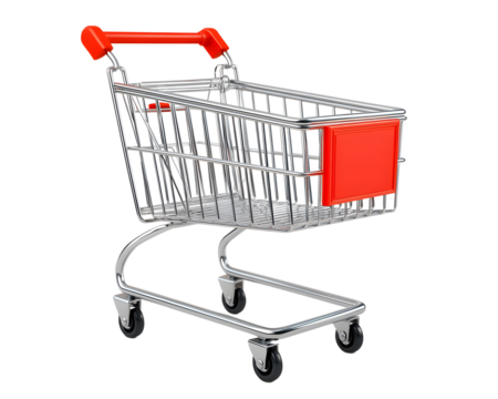 Shopping Cart Ready to Roll: A shiny, new shopping cart with a red handle sits ready for a day of shopping. The cart is isolated on a white background, making it perfect for product mockups or e-comme
