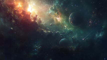 Fototapeta premium A panoramic view of a cosmic landscape featuring distant planets, asteroids, and glowing galaxies, with radiant light beams cutting through the darkness, creating a sense of awe and wonder 